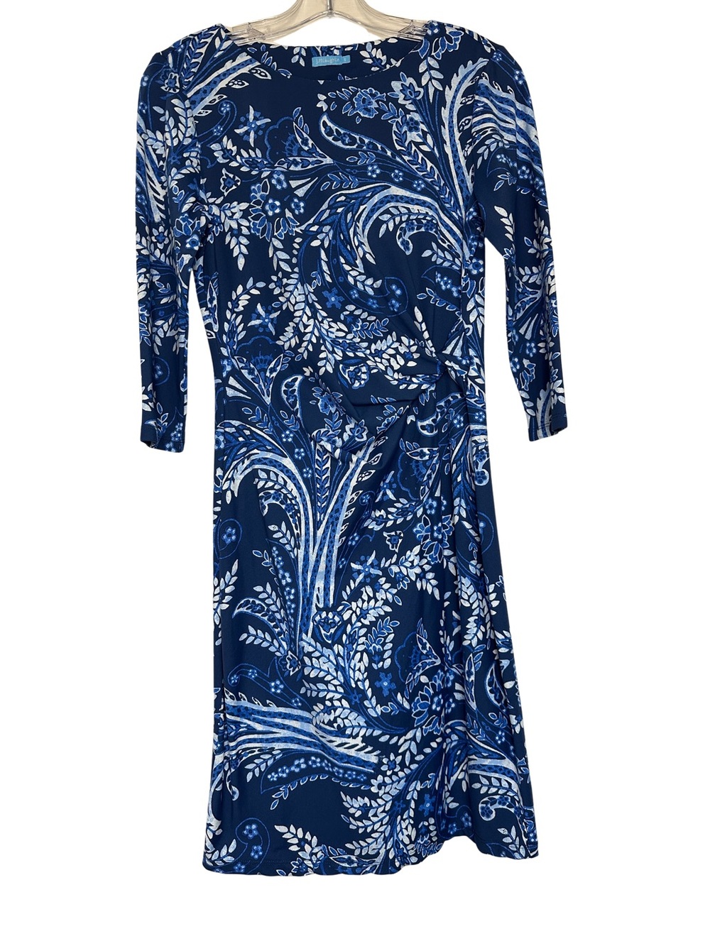 J.McLaughlin Navy Blue Paisley Floral Dress Sz S Ruched 3/4 Sleeve